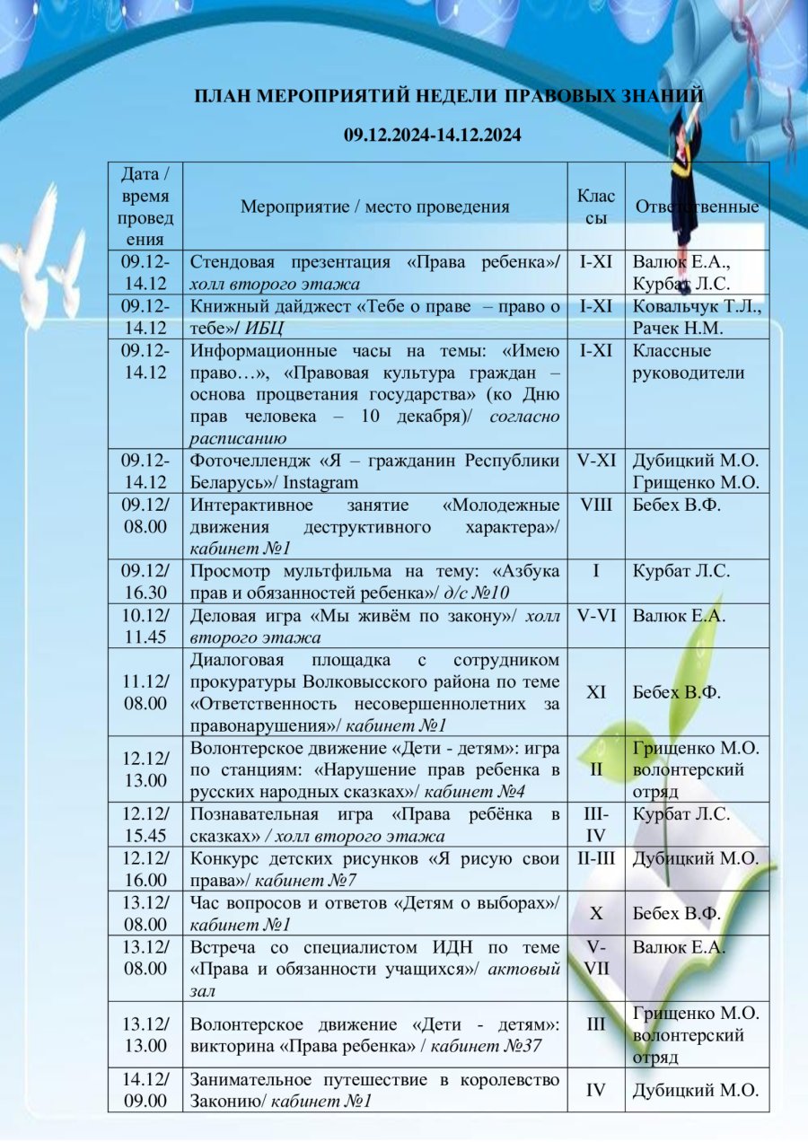 План мероприятий недели правовых знаний