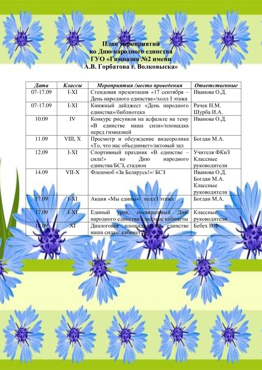 План мероприятий ко Дню народного единства ГУО «Гимназия №2 имени  А.В. Горбатова г. Волковыска»