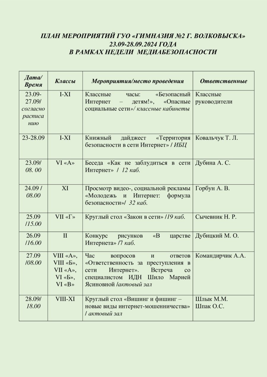 План проведения Недели медиабезопасности