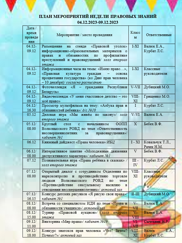 План мероприятий Недели правовых знаний