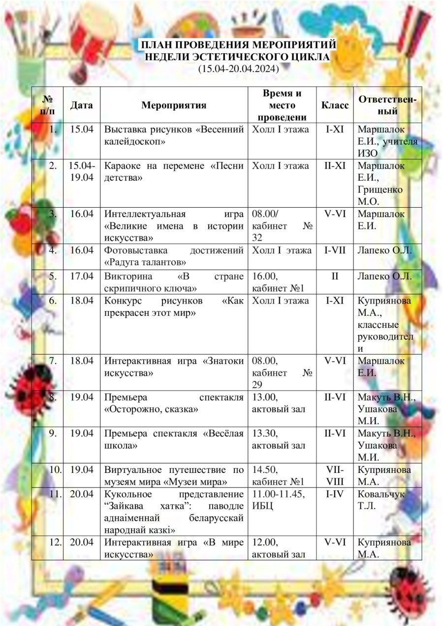 План мероприятий недели эстетического цикла