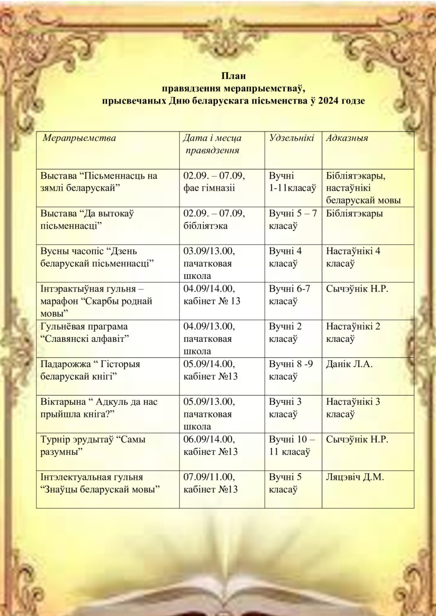 План мерапрыемстваў да Дня беларускага пісьменства