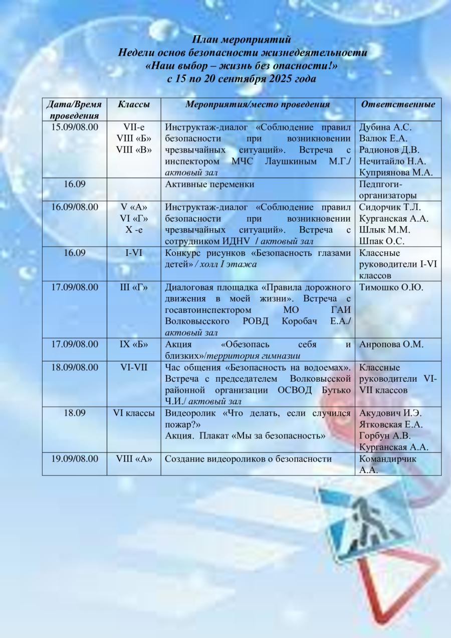 План мероприятий  Недели основ безопасности жизнедеятельности  «Наш выбор – жизнь без опасности!»  с 15 по 20 сентября 2025 года