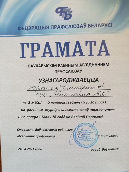 Участие и победа на турнире шахматистов, посвящённому Дню труда и 76 годовщине Великой Победы