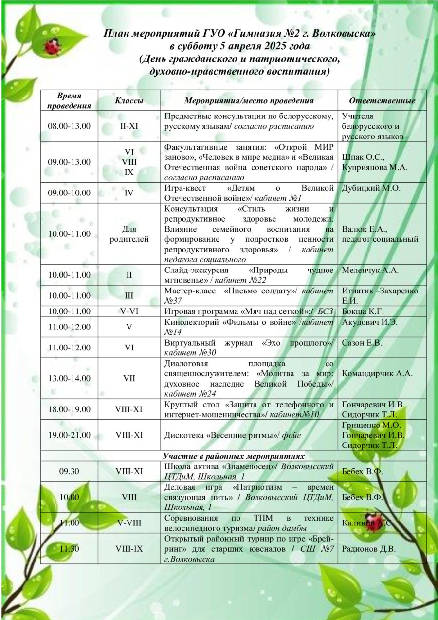 План мероприятий субботу 5 апреля 2025 года  (День гражданского и патриотического,  духовно-нравственного воспитания)