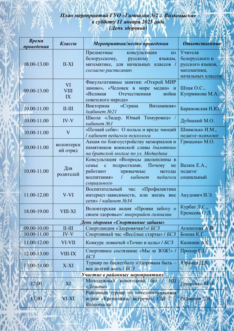 План мероприятий в субботу 1 января 2025 года (День здоровья)