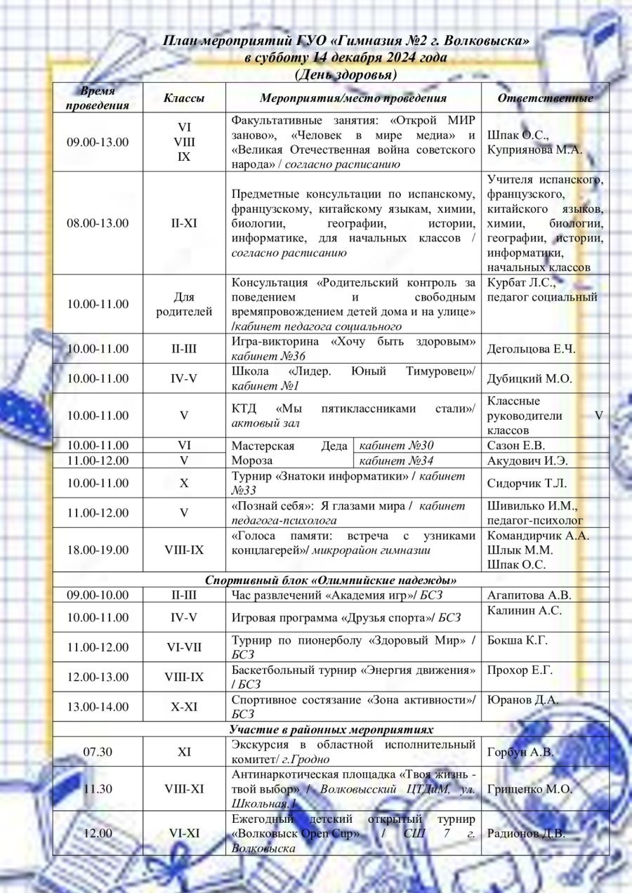 План мероприятий в субботу 14 декабря 2024 года (День здоровья)