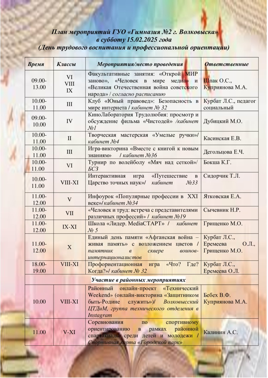 План мероприятий в субботу 15 февраля 2025 года (День трудового воспитания и профессиональной ориентации)