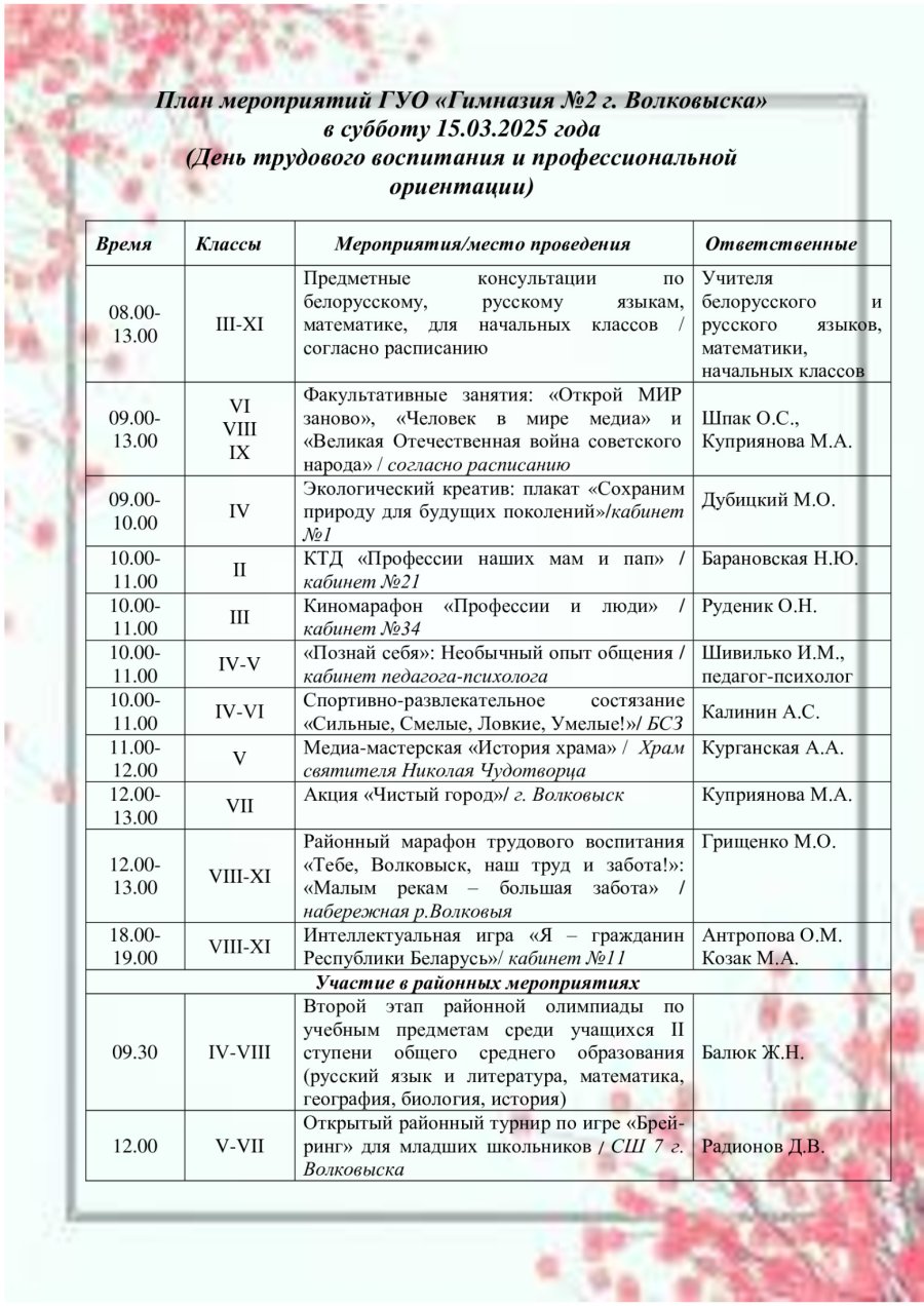 План мероприятий в субботу 15 марта 2025 года (День трудового воспитания и профессиональной ориентации)