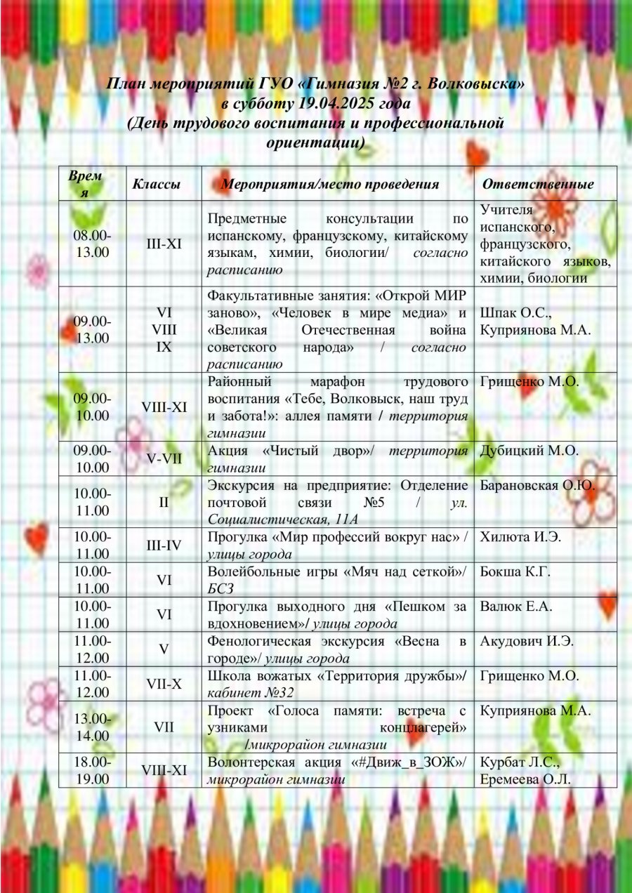 План мероприятий ГУО «Гимназия №2 г. Волковыска» в субботу 19.04.2025 года  (День трудового воспитания и профессиональной ориентации)