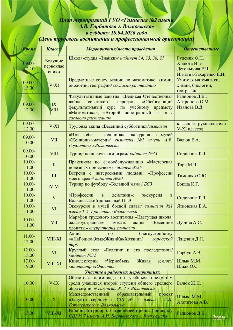 План мероприятий ГУО «Гимназия №2 имени  А.В. Горбатова г. Волковыска» в субботу 18.04.2026 года  (День трудового воспитания и профессиональной ориентации)