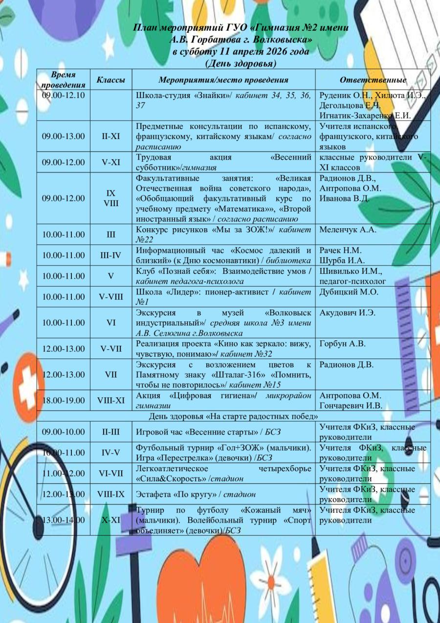 План мероприятий ГУО «Гимназия №2 имени  А.В. Горбатова г. Волковыска» в субботу 11 апреля 2026 года  (День здоровья)