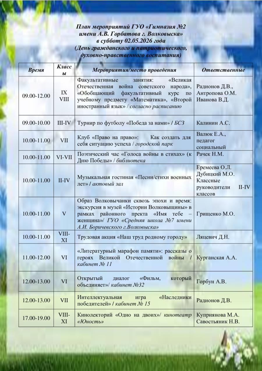 План мероприятий ГУО «Гимназия №2  имени А.В. Горбатова г. Волковыска»  в субботу 02.05.2026 года  (День гражданского и патриотического,  духовно-нравственного воспитания