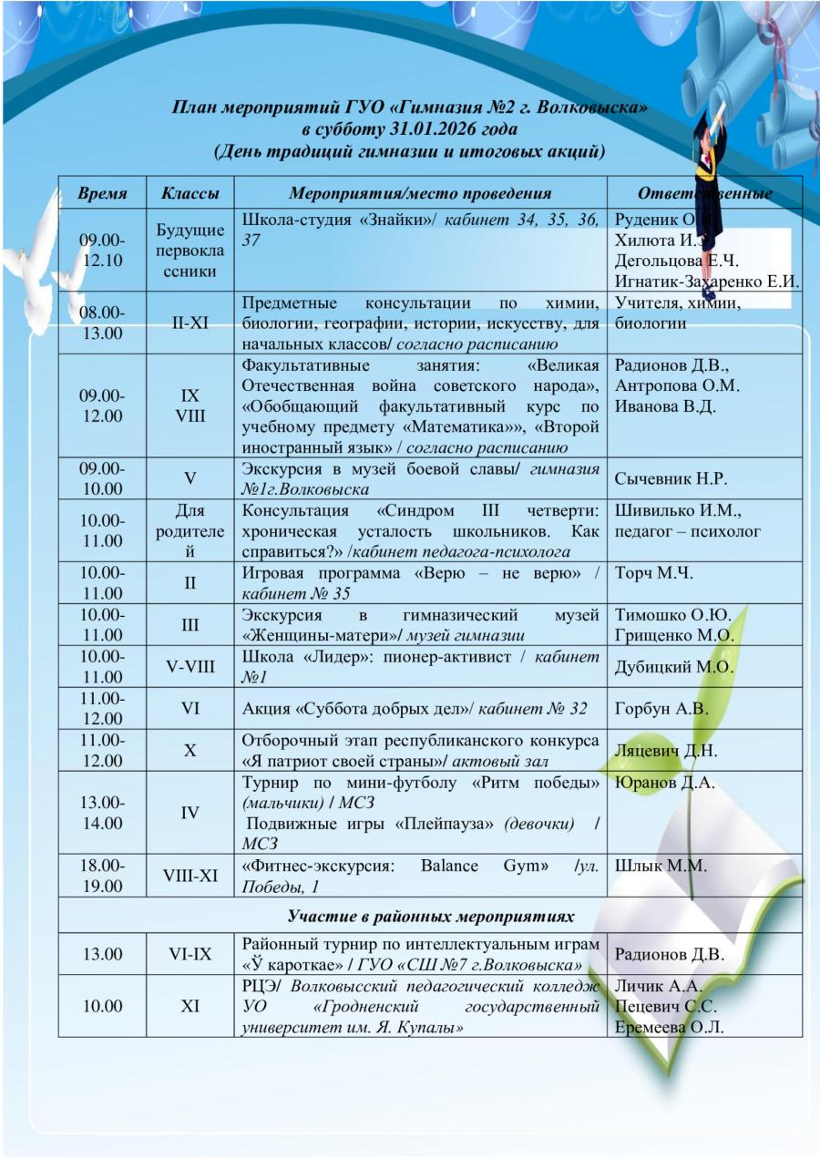 План мероприятий ГУО «Гимназия №2 г. Волковыска» в субботу 31.01.2026 года  (День традиций гимназии и итоговых акций)