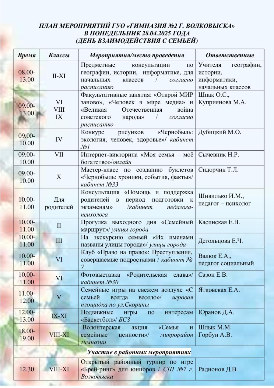 ПЛАН МЕРОПРИЯТИЙ ГУО «ГИМНАЗИЯ №2 Г. ВОЛКОВЫСКА» В ПОНЕДЕЛЬНИК 28.04.2025 ГОДА  (ДЕНЬ ВЗАИМОДЕЙСТВИЯ С СЕМЬЕЙ)