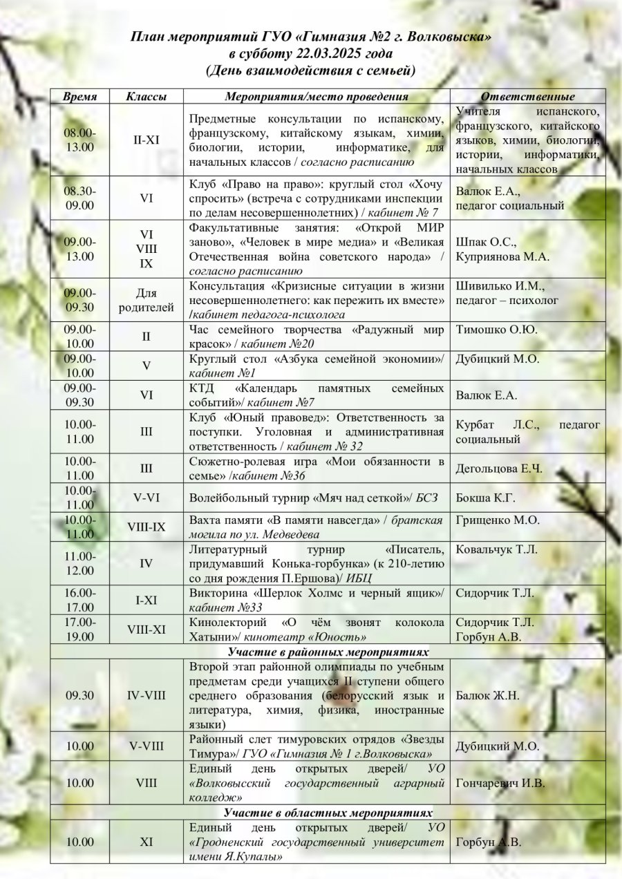 План мероприятий в субботу 22 марта 2025 года (День взаимодействия с семьей)