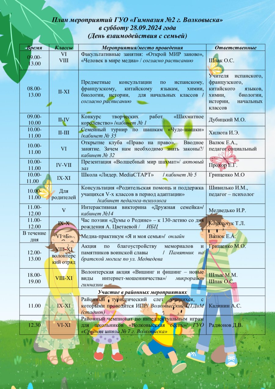 План мероприятий в субботу 28 сентября 2024 года (День взаимодействия с семьей)