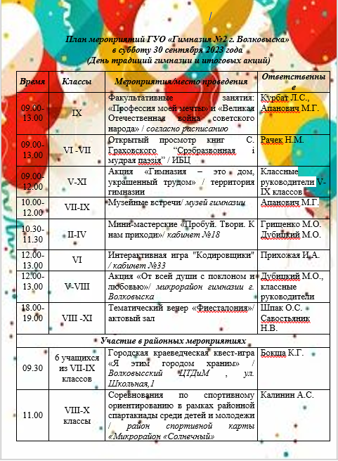 План мероприятий 30.09 (День традиций гимназии и итоговых акций)