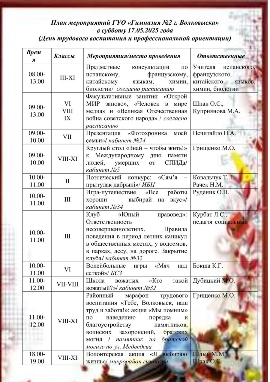 План мероприятий ГУО «Гимназия №2 г. Волковыска» в субботу 17.05.2025 года  (День трудового воспитания и профессиональной ориентации)