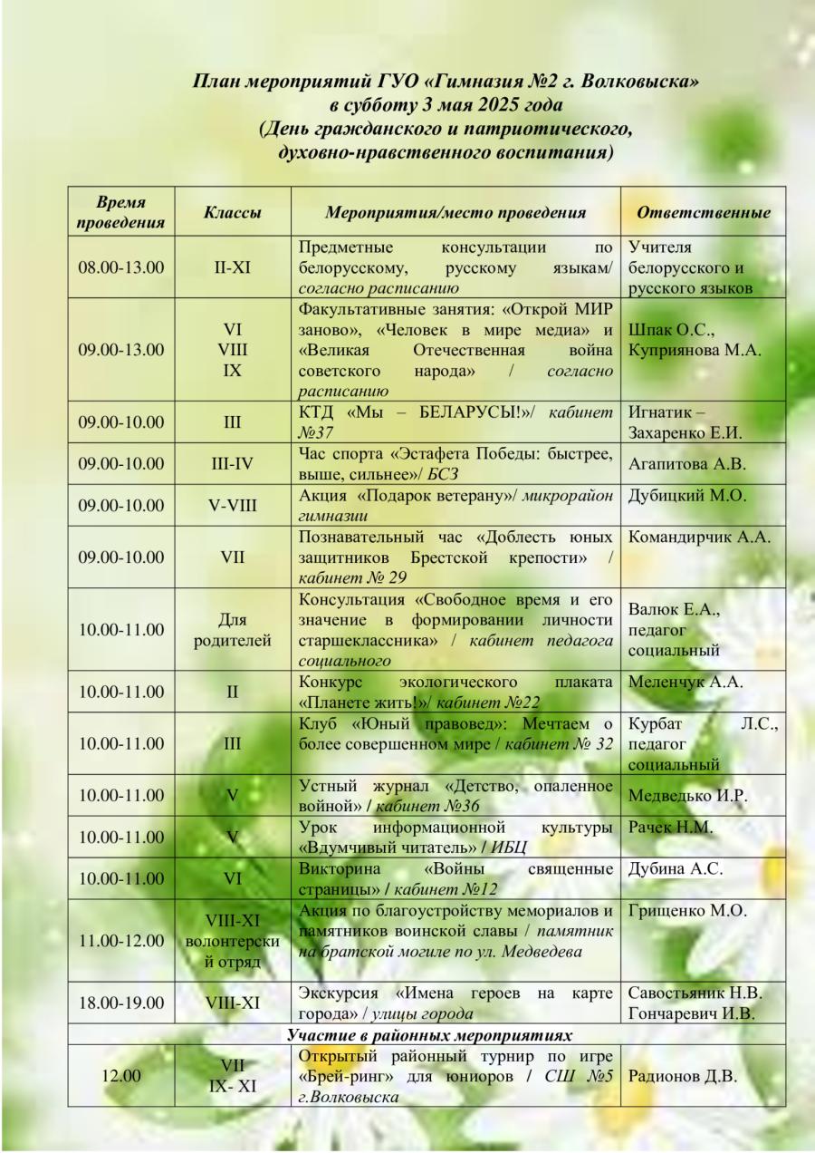 План мероприятий ГУО «Гимназия №2 г. Волковыска» в субботу 3 мая 2025 года  (День гражданского и патриотического,  духовно-нравственного воспитания)