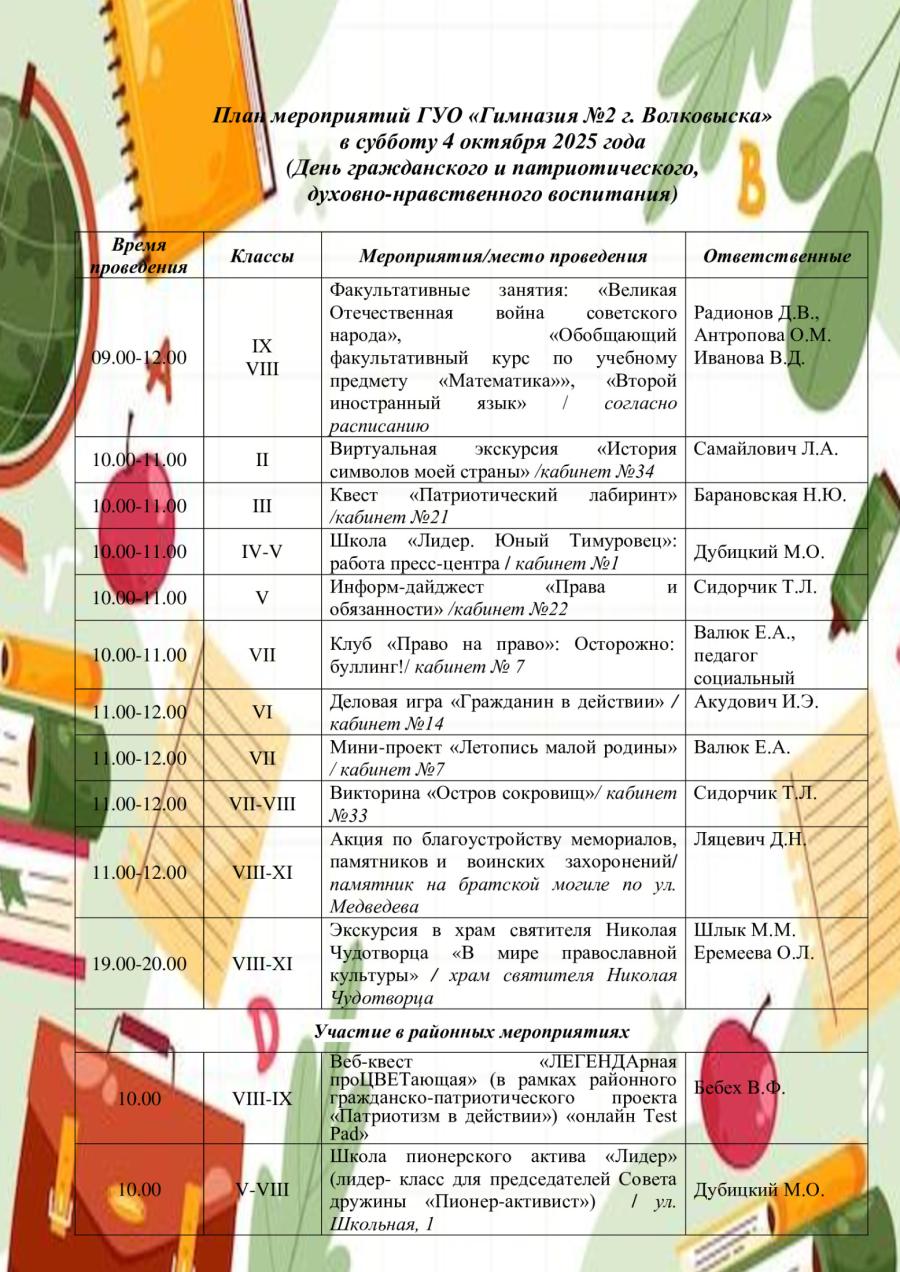 План мероприятий ГУО «Гимназия №2 г. Волковыска» в субботу 4 октября 2025 года  (День гражданского и патриотического,  духовно-нравственного воспитания)