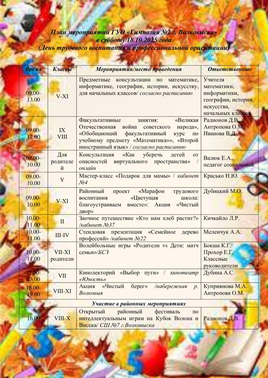 План мероприятий ГУО «Гимназия №2 г. Волковыска» в субботу 18.10.2025 года  (День трудового воспитания и профессиональной ориентации)