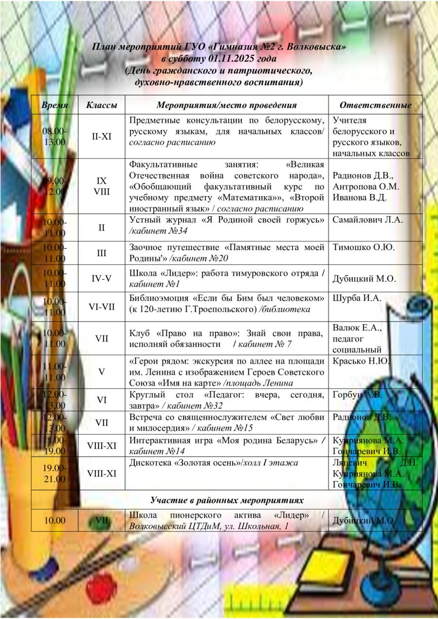 План мероприятий ГУО «Гимназия №2 г. Волковыска» в субботу 01.11.2025 года  (День гражданского и патриотического,  духовно-нравственного воспитания)