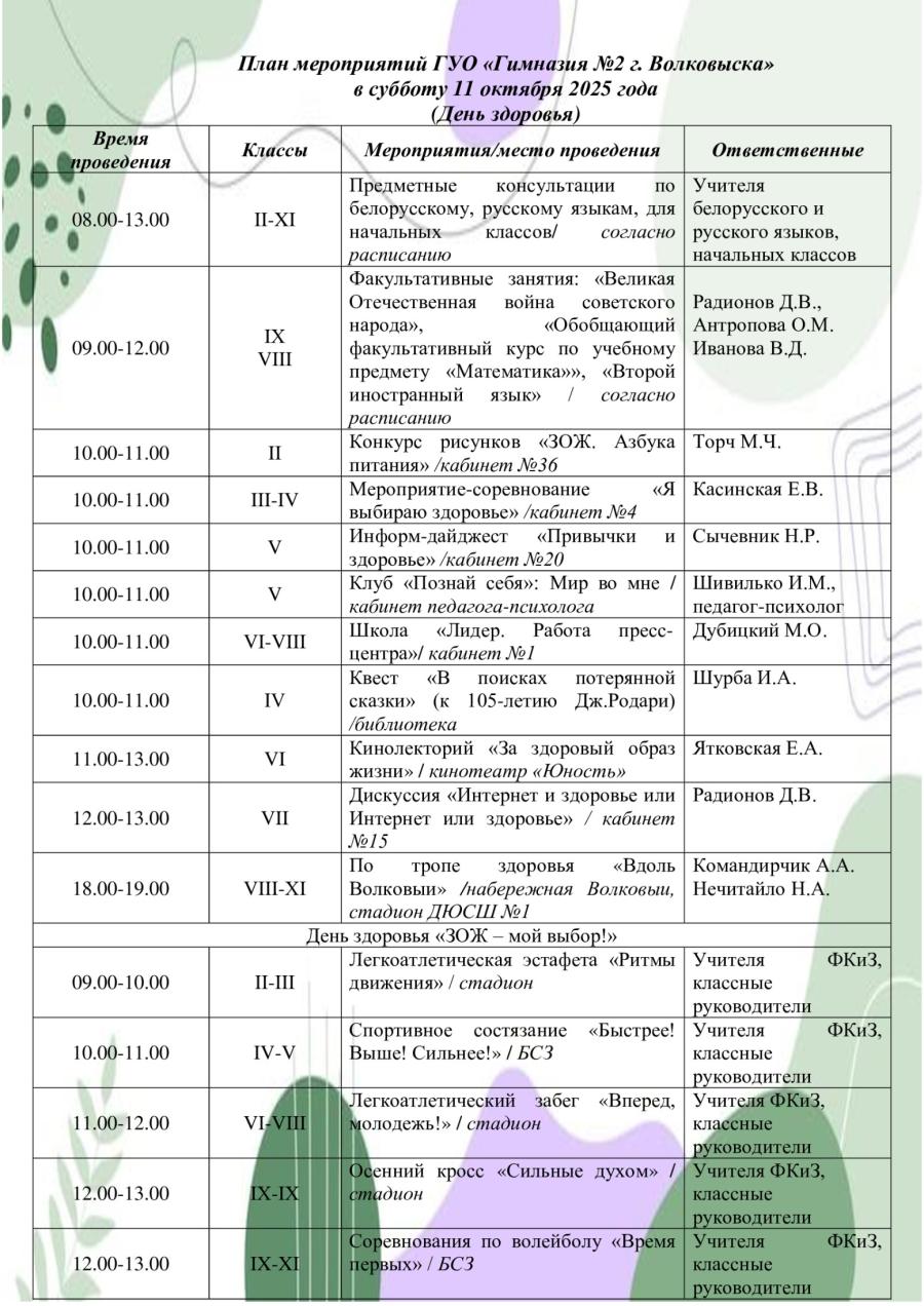 План мероприятий ГУО «Гимназия №2 г. Волковыска» в субботу 11 октября 2025 года  (День здоровья)