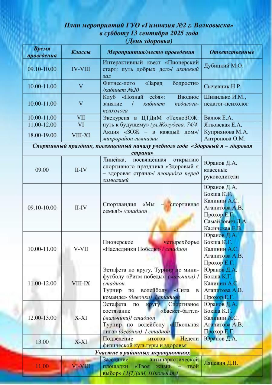 План мероприятий ГУО «Гимназия №2 г. Волковыска» в субботу 13 сентября 2025 года  (День здоровья)