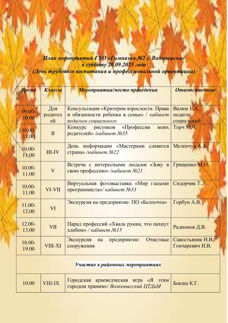 План мероприятий ГУО «Гимназия №2 г. Волковыска» в субботу 20.09.2025 года  (День трудового воспитания и профессиональной ориентации)