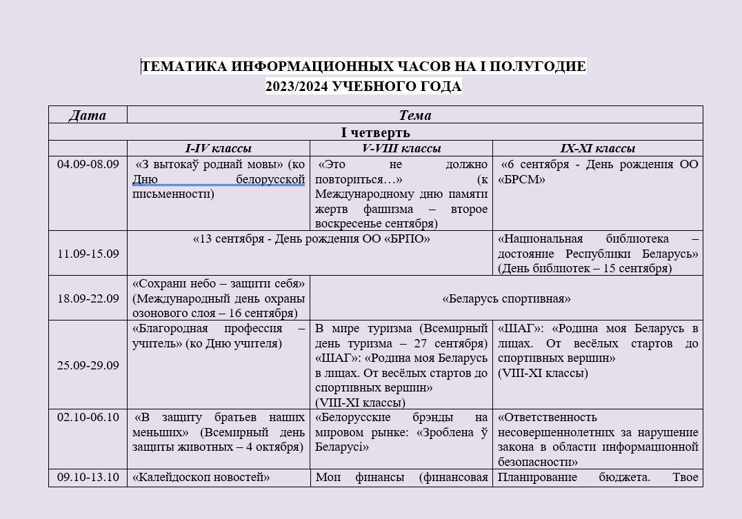 Тематика информационных часов на I полугодие 2023/2024 учебного года -  Государственное учреждение образования 